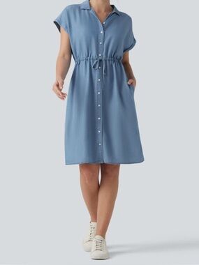 Dark Blue Button-Front Drawstring Shirt denim Dress - new with tags!